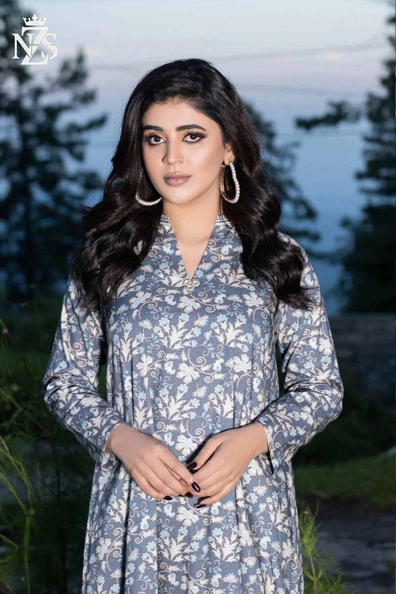 NZS LUXE Linen Co-ord 2-Piece Stitched Suit in Muted blue print - image 3