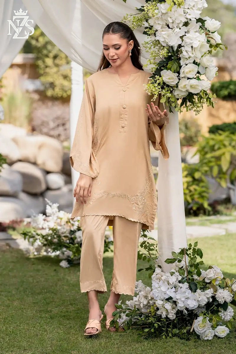NZS LUXE Embroidered Linen Co-ord 2-Piece Stitched Suit in Beige - image 1