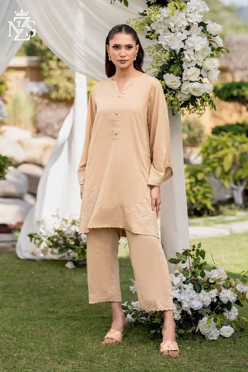 NZS LUXE Embroidered Linen Co-ord 2-Piece Stitched Suit in Beige - image 2