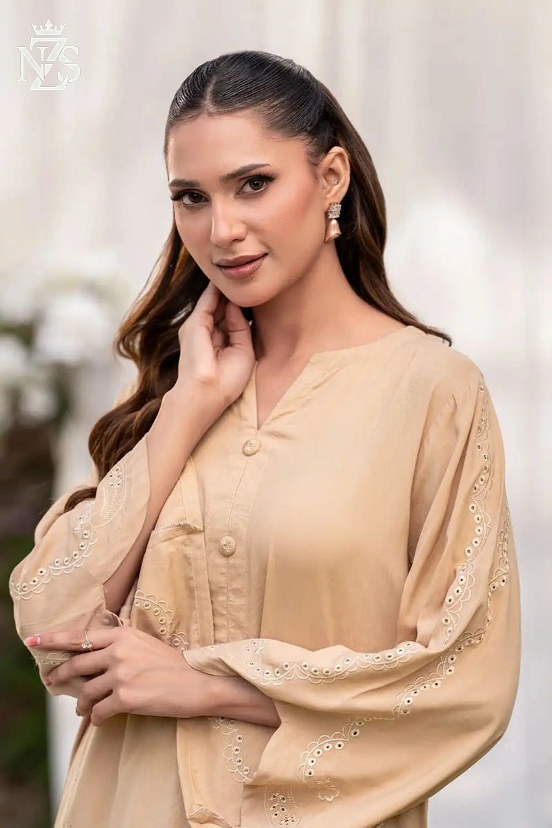 NZS LUXE Embroidered Linen Co-ord 2-Piece Stitched Suit in Beige - image 3