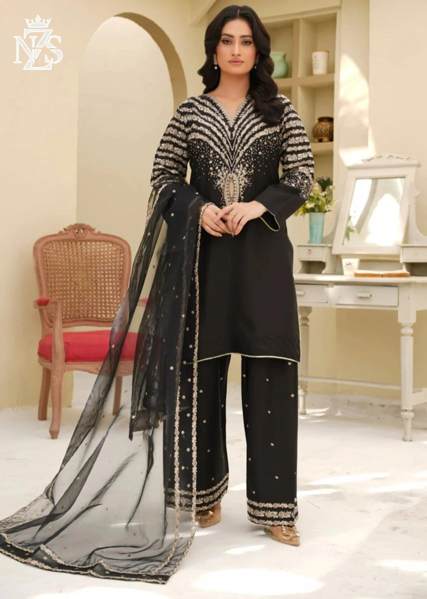 Alayna Embroidered Cambric 3-Piece Stitched Suit in Black - image 1