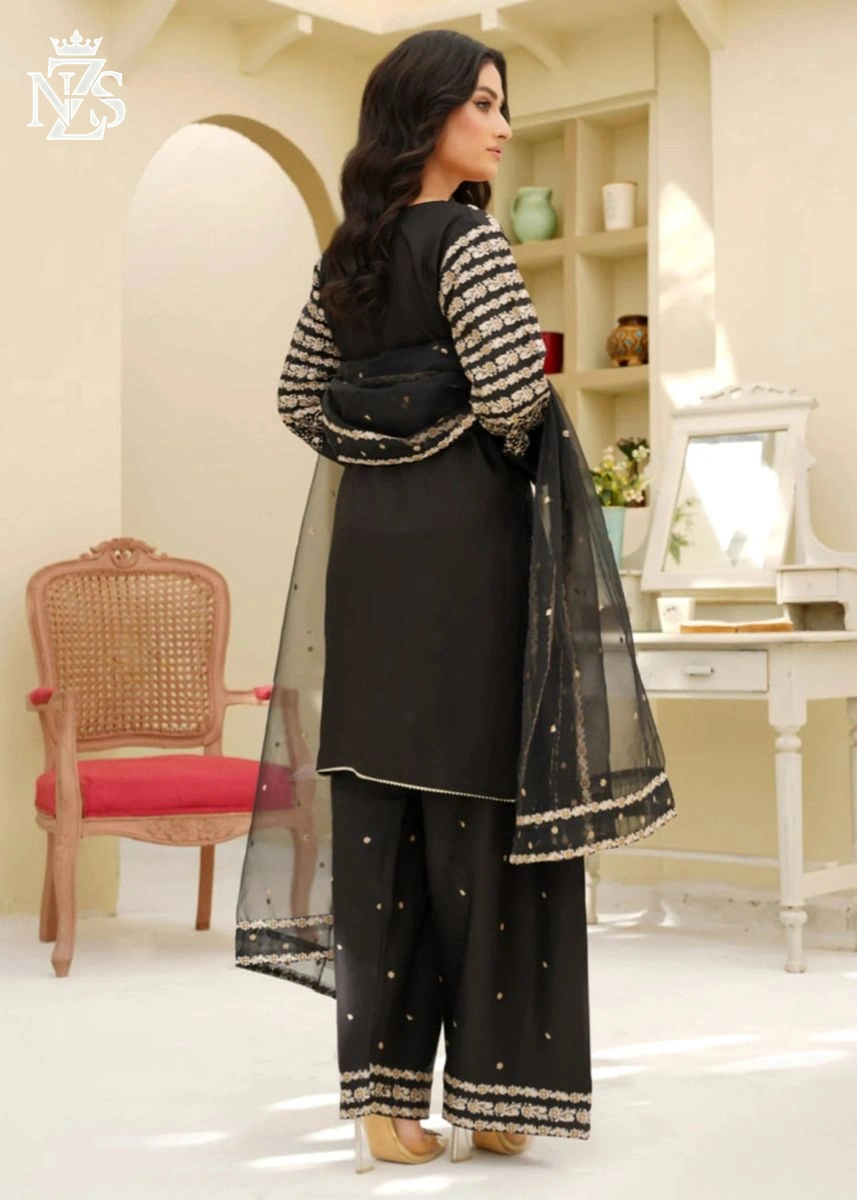 Alayna Embroidered Cambric 3-Piece Stitched Suit in Black - image 3