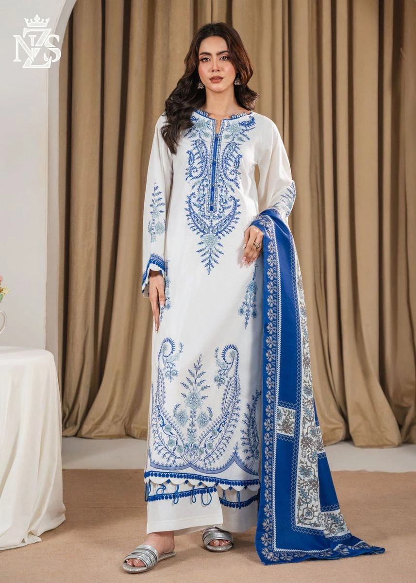 Bisma Embroidered Lawn 3-Piece Stitched Suit in White & blue - image 1