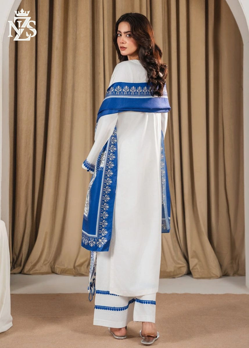 Bisma Embroidered Lawn 3-Piece Stitched Suit in White & blue - image 2