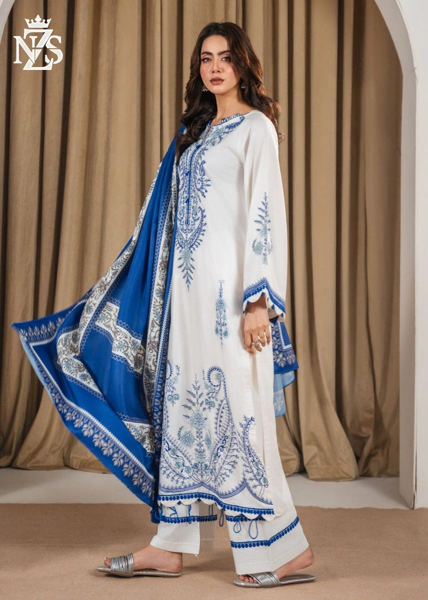 Bisma Embroidered Lawn 3-Piece Stitched Suit in White & blue - image 3