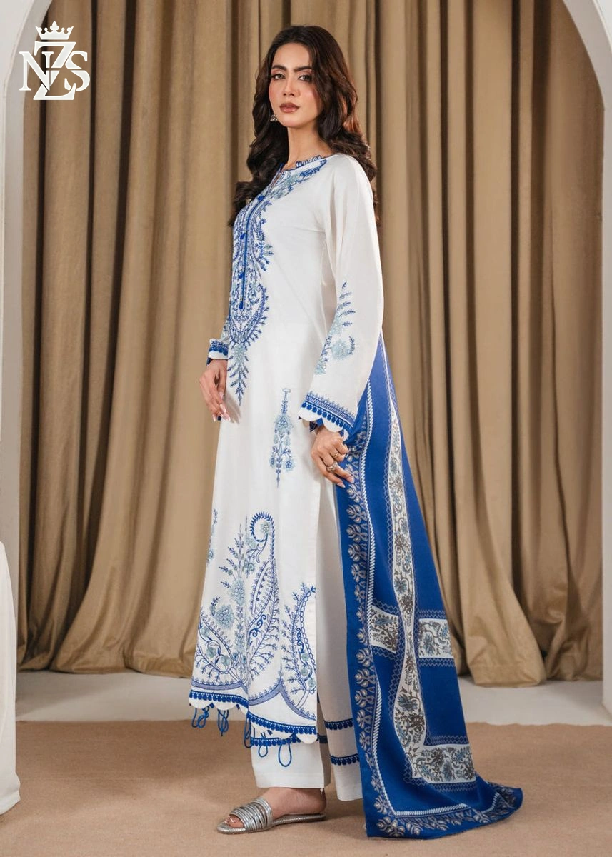 Bisma Embroidered Lawn 3-Piece Stitched Suit in White & blue - image 4