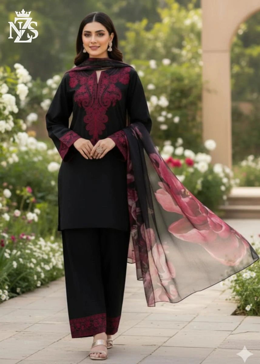 Dania Embroidered Linen 3-Piece Stitched Suit in Black & maroon - image 1
