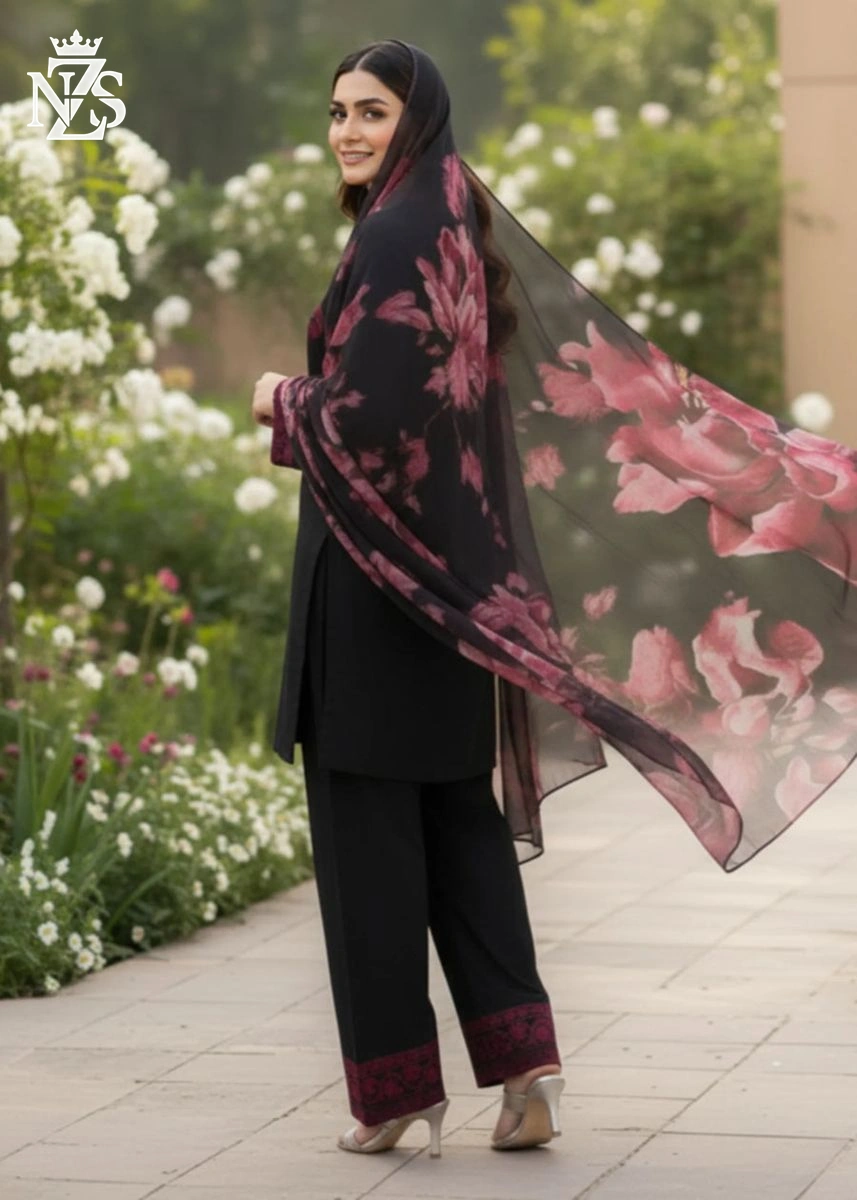 Dania Embroidered Linen 3-Piece Stitched Suit in Black & maroon - image 2