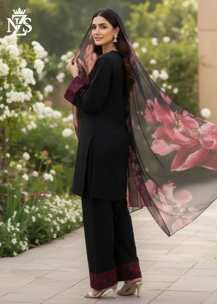 Dania Embroidered Linen 3-Piece Stitched Suit in Black & maroon - image 3