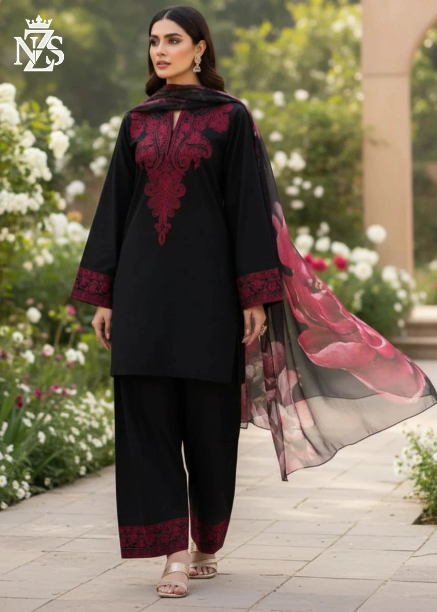 Dania Embroidered Linen 3-Piece Stitched Suit in Black & maroon - image 4