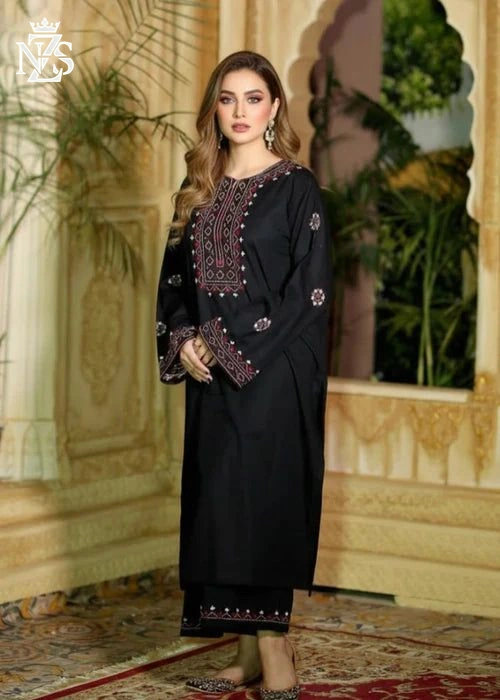 Elif Embroidered Linen 2-Piece Stitched Suit in Black - image 1