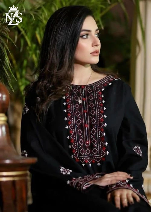 Elif Embroidered Linen 2-Piece Stitched Suit in Black - image 2