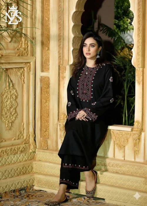 Elif Embroidered Linen 2-Piece Stitched Suit in Black - image 4