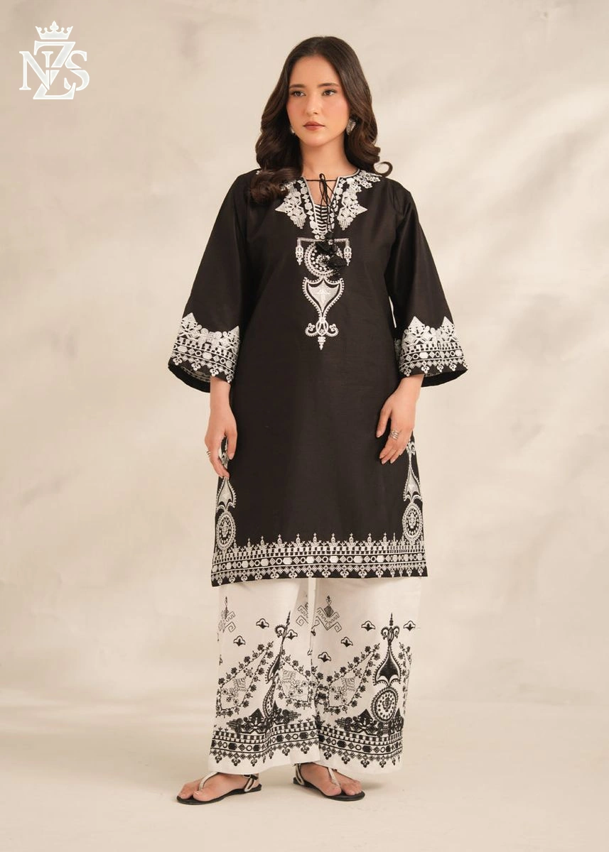 Falak Embroidered Lawn 2-Piece Stitched Suit in Black & white - image 1