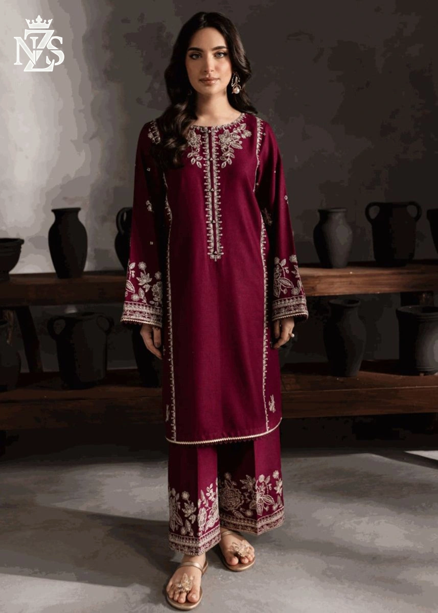 Hania Embroidered Cambric 2-Piece Stitched Suit in Maroon - image 1
