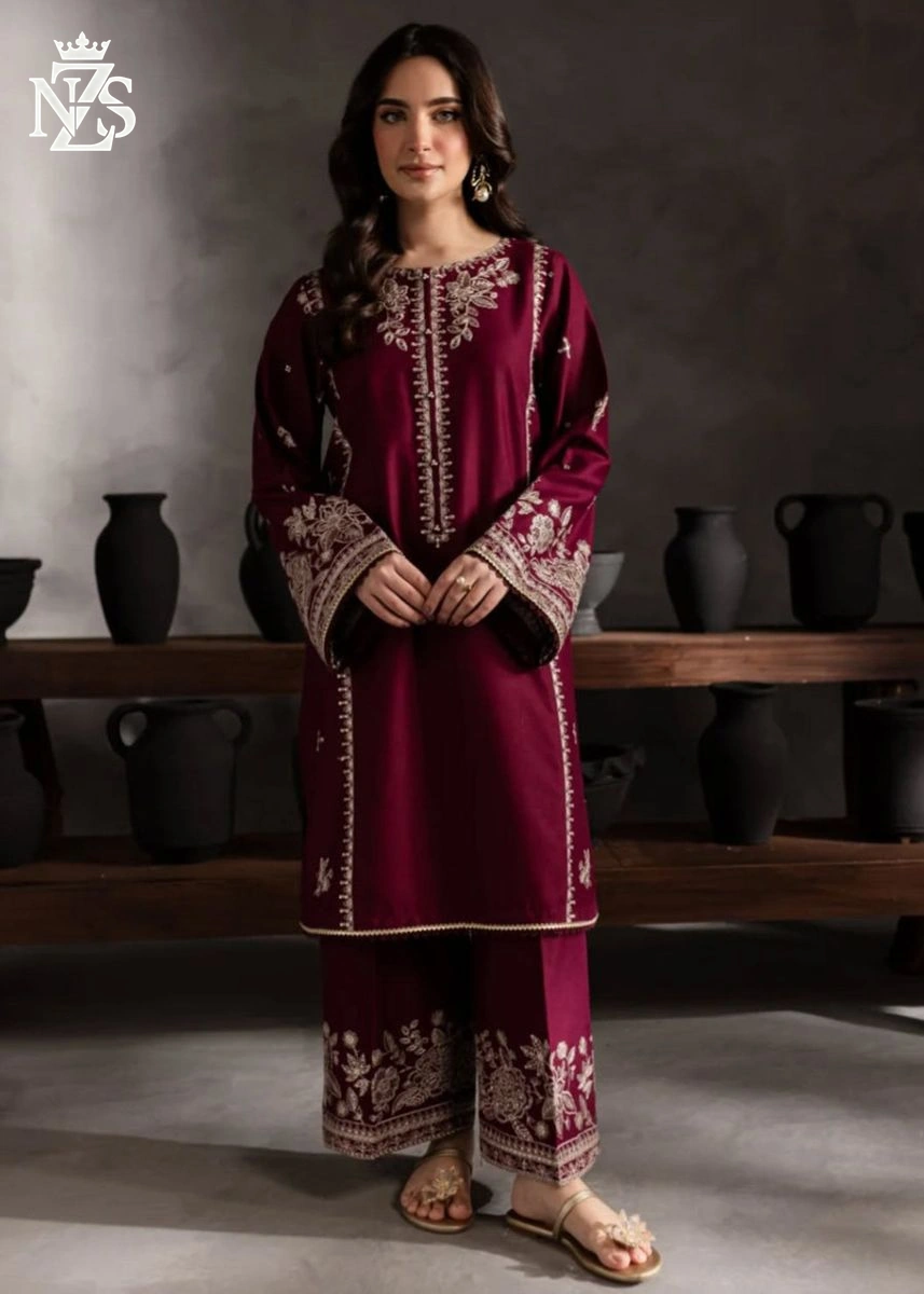 Hania Embroidered Cambric 2-Piece Stitched Suit in Maroon - image 2