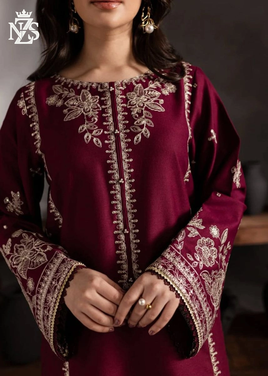 Hania Embroidered Cambric 2-Piece Stitched Suit in Maroon - image 3