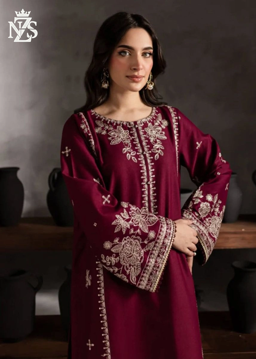Hania Embroidered Cambric 2-Piece Stitched Suit in Maroon - image 4