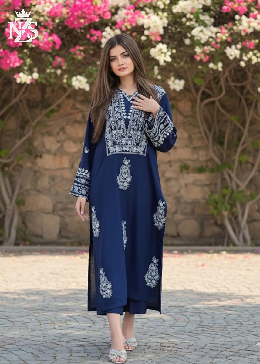 Kiran Embroidered Linen 2-Piece Stitched Suit in Navy blue - image 1