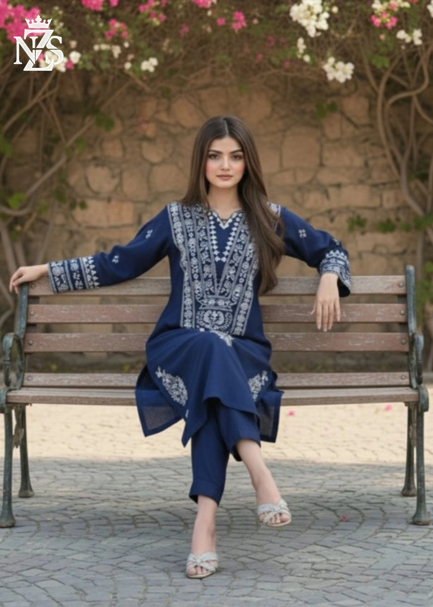 Kiran Embroidered Linen 2-Piece Stitched Suit in Navy blue - image 2
