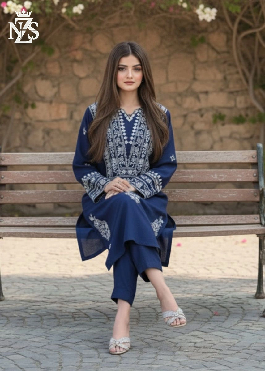 Kiran Embroidered Linen 2-Piece Stitched Suit in Navy blue - image 3