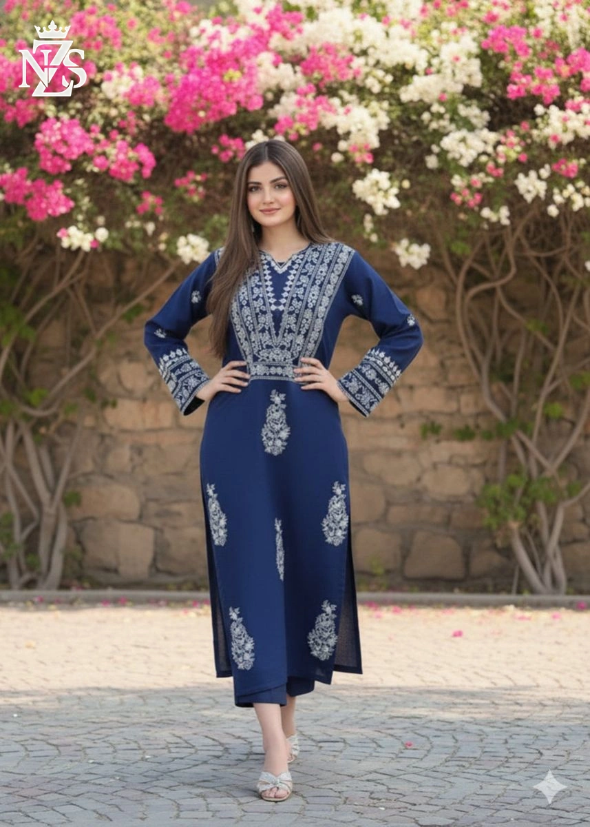 Kiran Embroidered Linen 2-Piece Stitched Suit in Navy blue - image 4
