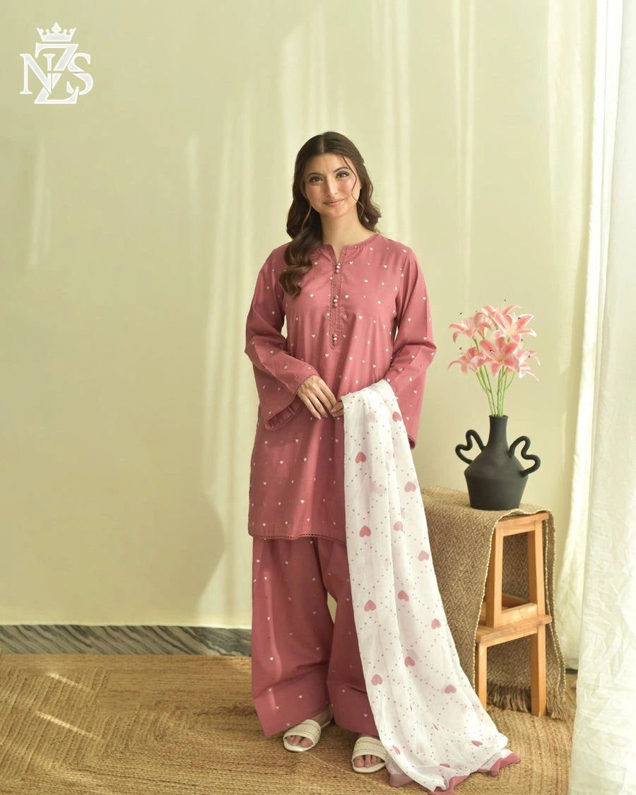Lamia Embroidered Cambric 3-Piece Stitched Suit in Tea pink - image 1
