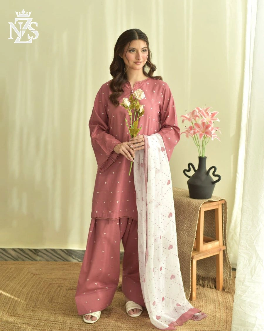 Lamia Embroidered Cambric 3-Piece Stitched Suit in Tea pink - image 2