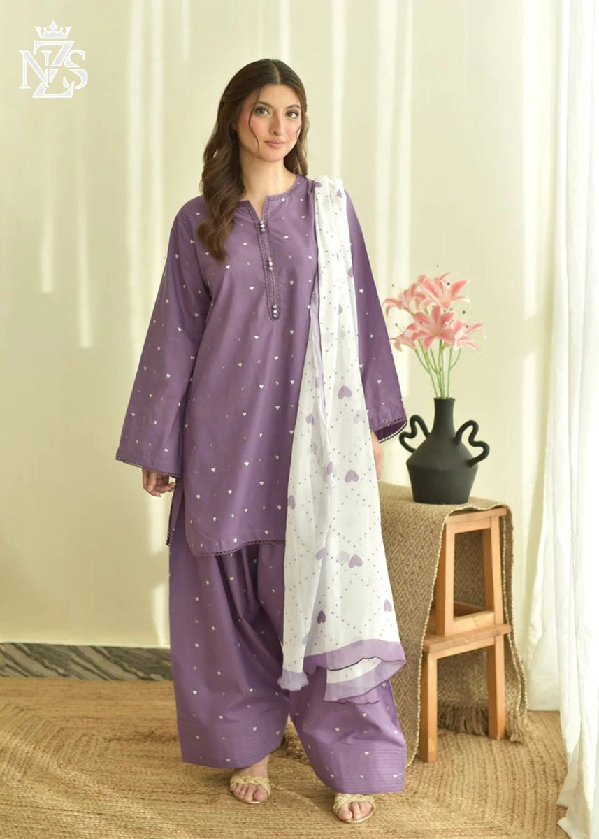 Mishal Embroidered Cambric 3-Piece Stitched Suit in Lilac - image 1