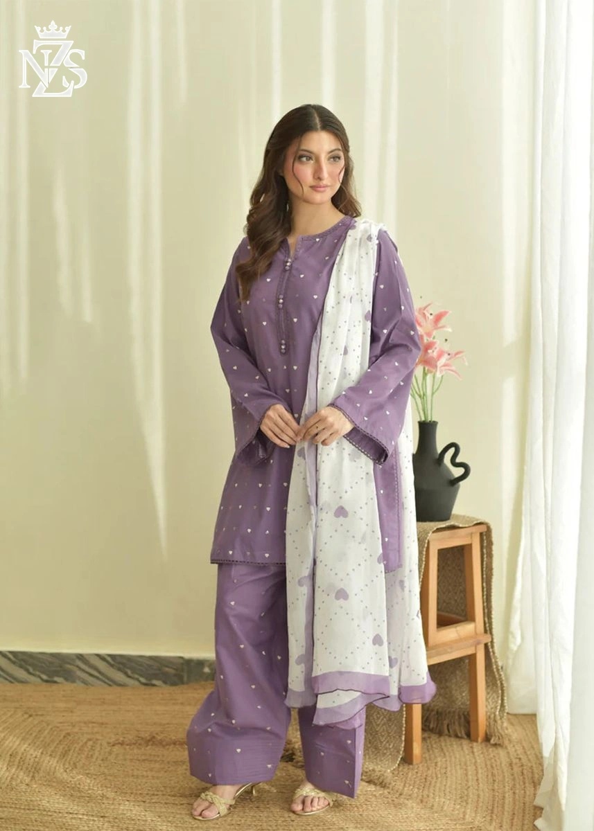 Mishal Embroidered Cambric 3-Piece Stitched Suit in Lilac - image 2
