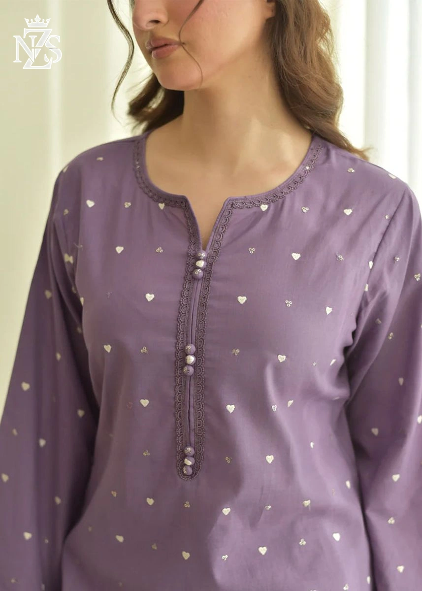 Mishal Embroidered Cambric 3-Piece Stitched Suit in Lilac - image 3