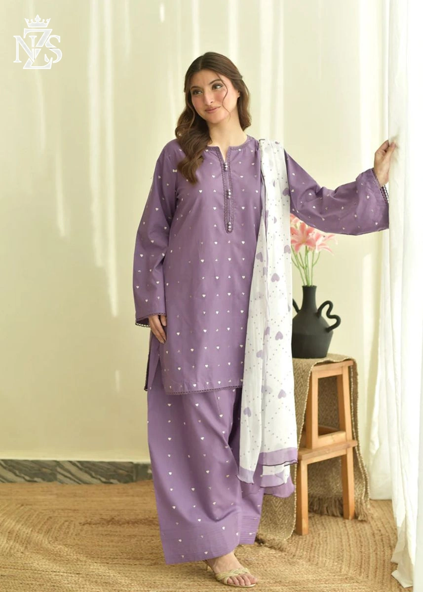 Mishal Embroidered Cambric 3-Piece Stitched Suit in Lilac - image 4