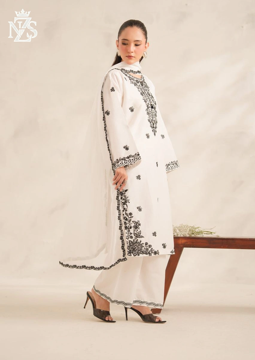 Naila Embroidered Cambric 3-Piece Stitched Suit in White & black - image 1