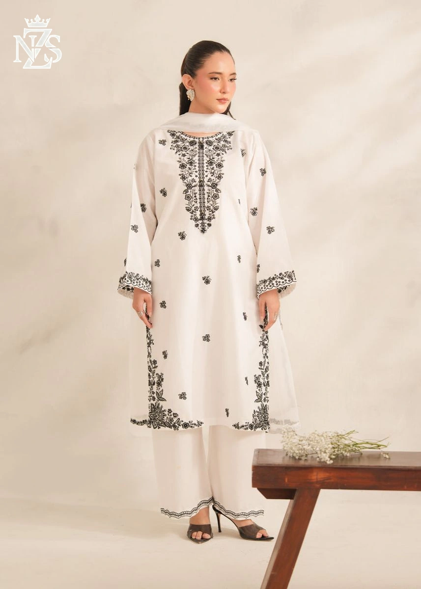 Naila Embroidered Cambric 3-Piece Stitched Suit in White & black - image 2