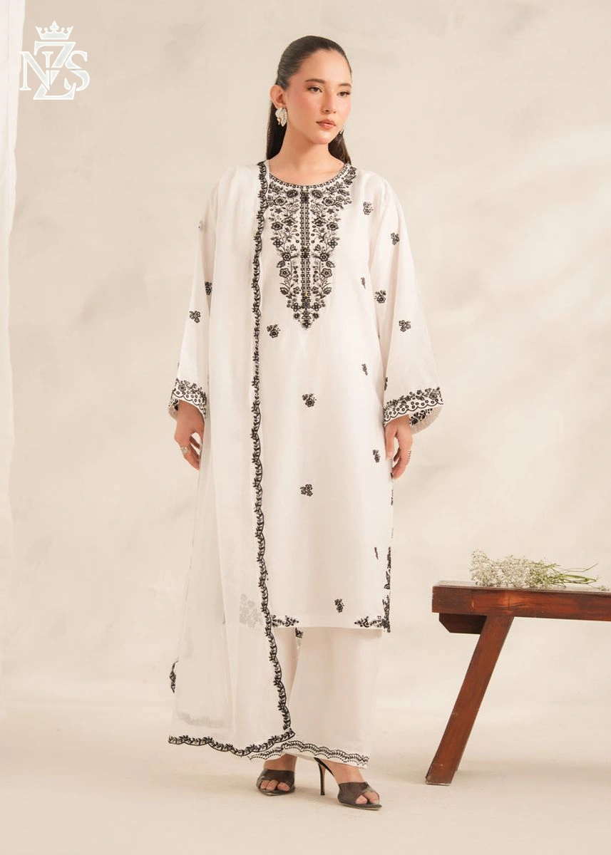 Naila Embroidered Cambric 3-Piece Stitched Suit in White & black - image 3
