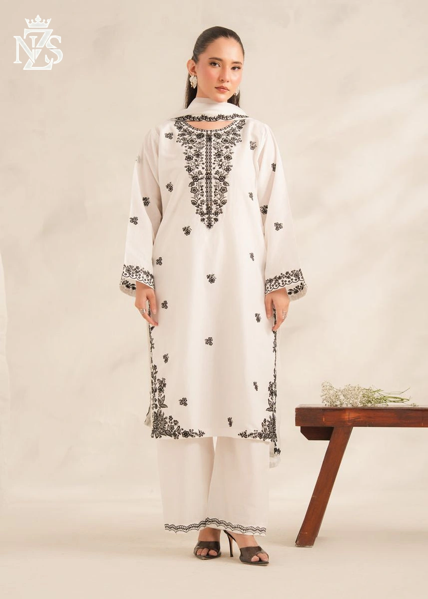 Naila Embroidered Cambric 3-Piece Stitched Suit in White & black - image 4