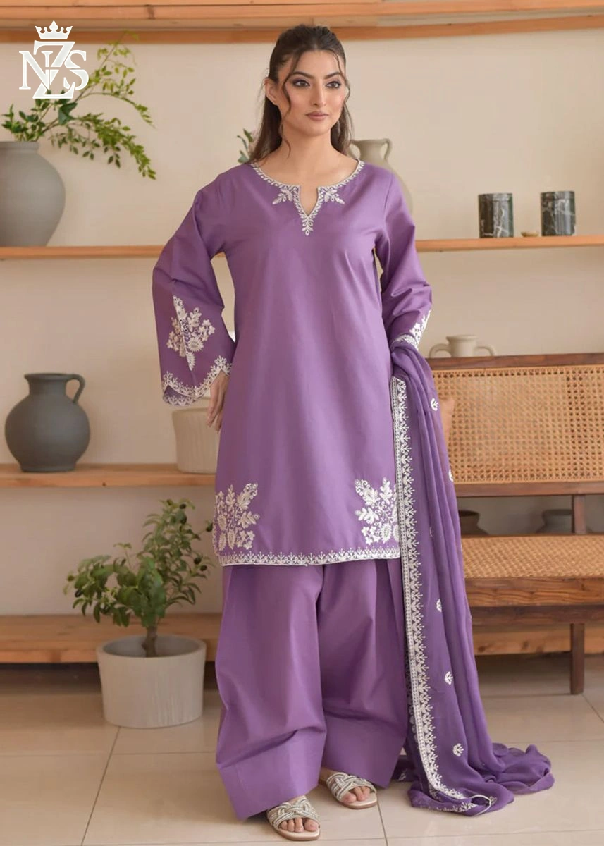 Rida Embroidered Cambric 3-Piece Stitched Suit in Lilac purple - image 1