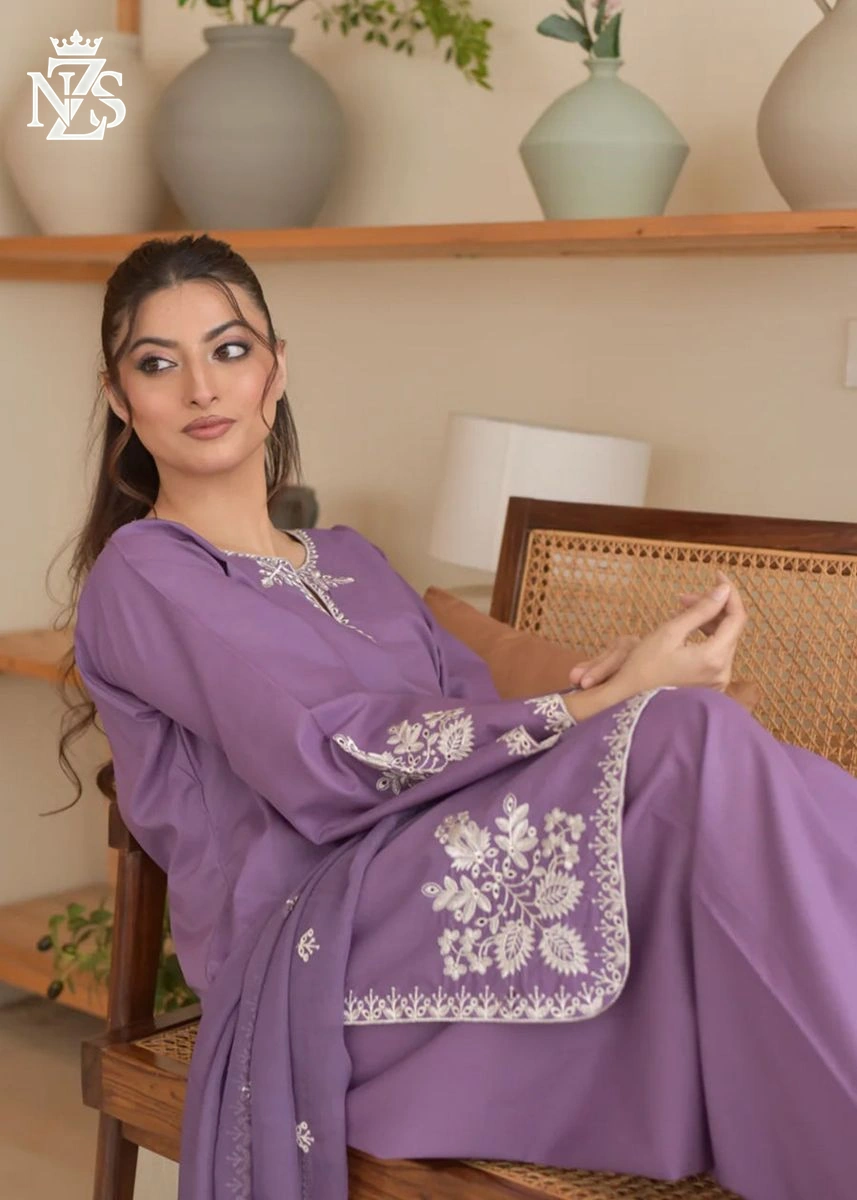 Rida Embroidered Cambric 3-Piece Stitched Suit in Lilac purple - image 2