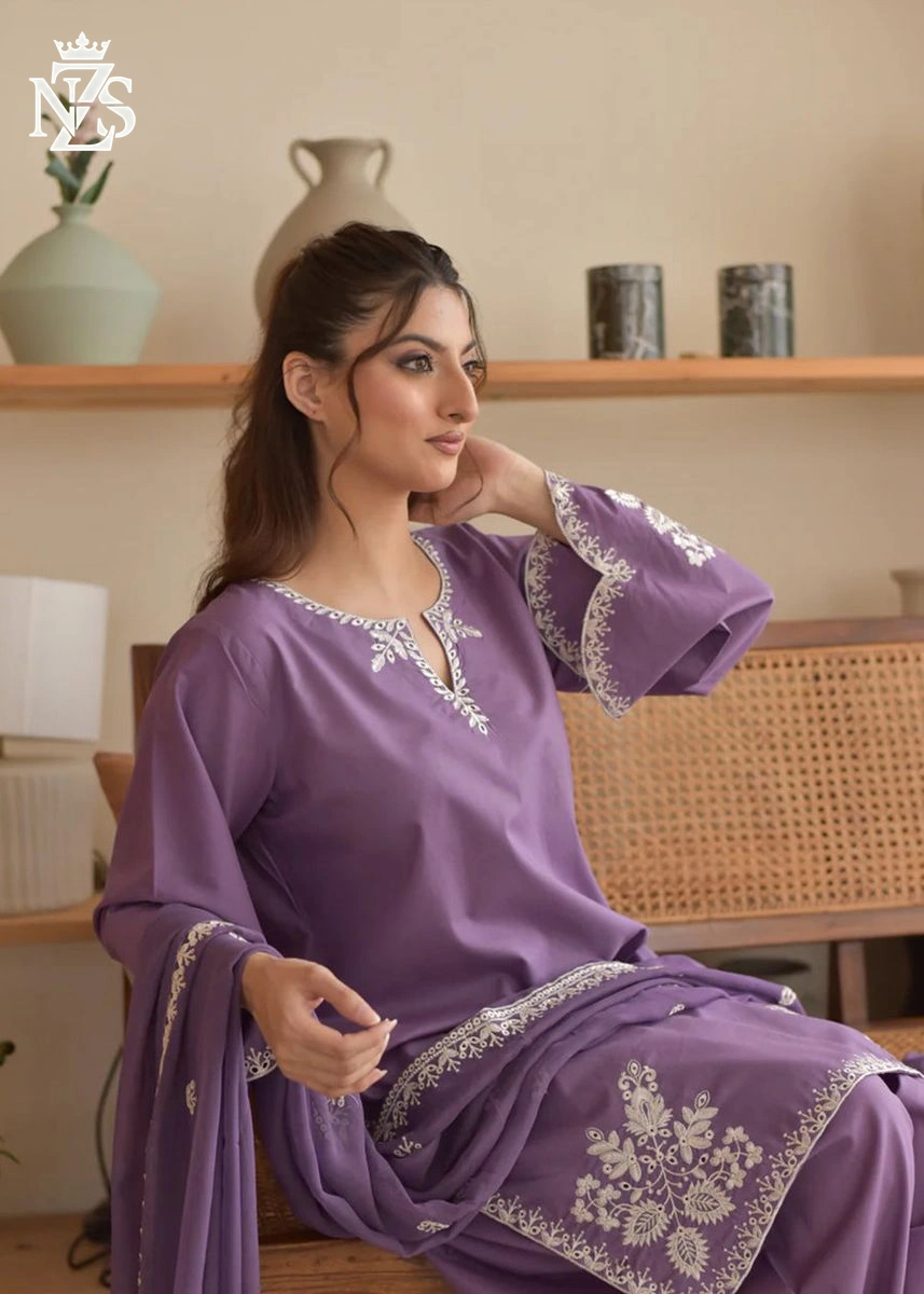 Rida Embroidered Cambric 3-Piece Stitched Suit in Lilac purple - image 3