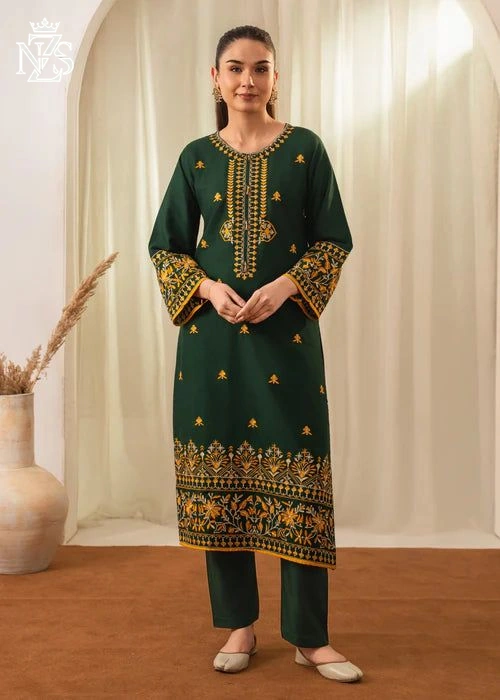 Tania Embroidered Linen 2-Piece Stitched Suit in Bottle green - image 1