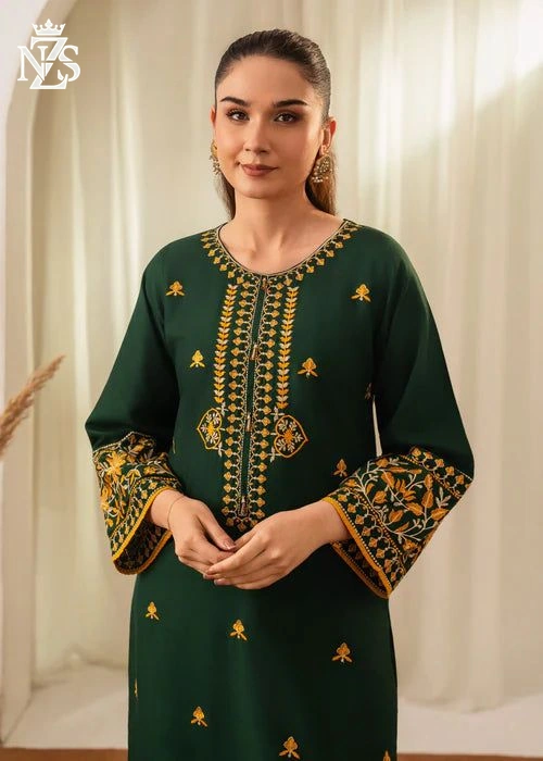 Tania Embroidered Linen 2-Piece Stitched Suit in Bottle green - image 2