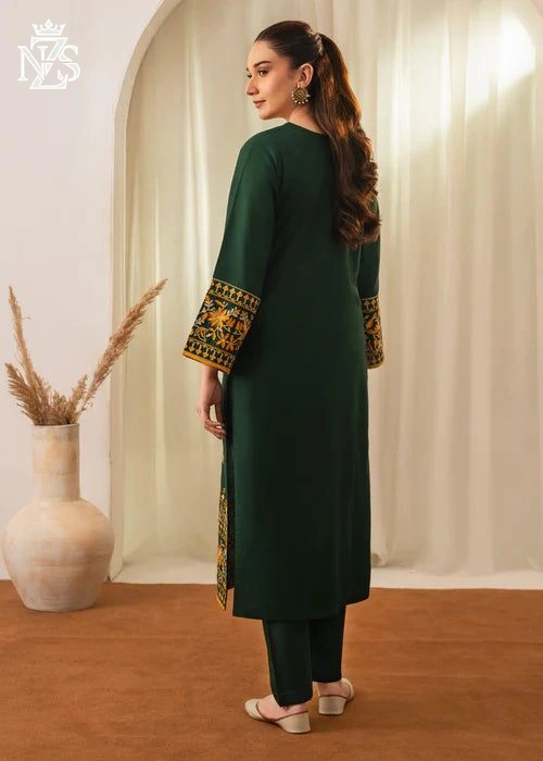 Tania Embroidered Linen 2-Piece Stitched Suit in Bottle green - image 4