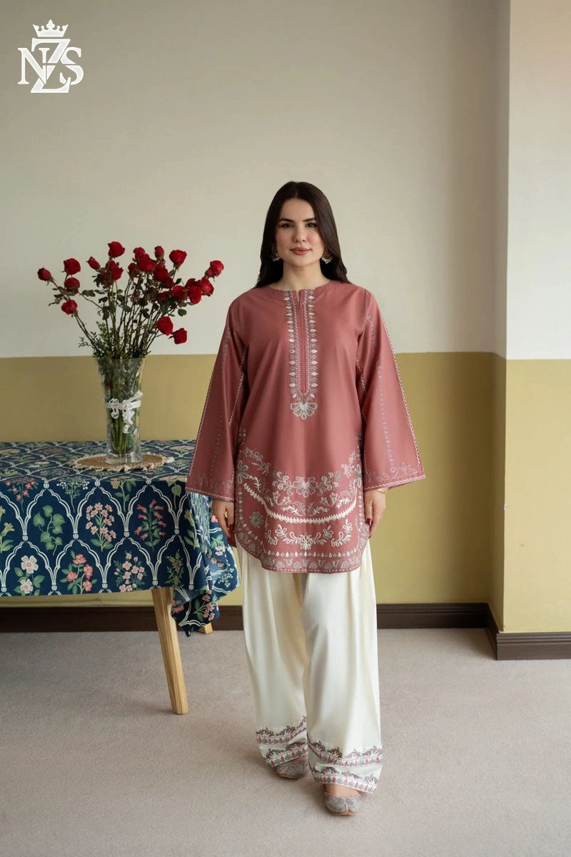 Umaima Embroidered Cambric 2-Piece Stitched Suit in Dusty pink - image 1