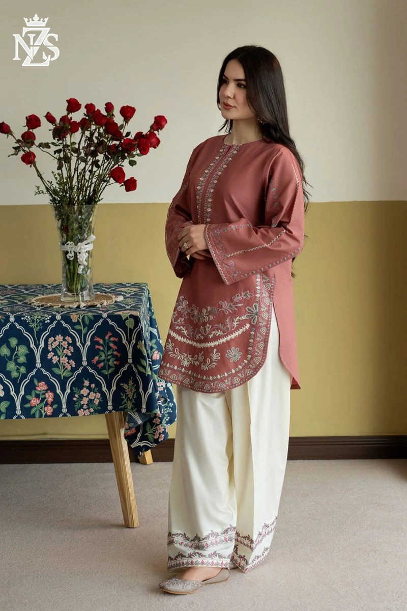 Umaima Embroidered Cambric 2-Piece Stitched Suit in Dusty pink - image 2