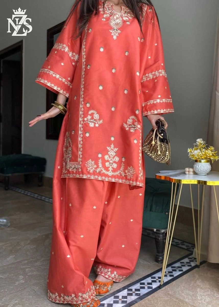 Wafa Embroidered Cambric 2-Piece Stitched Suit in Coral pink - image 1