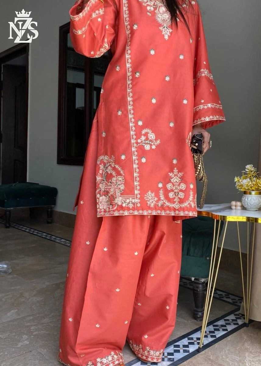 Wafa Embroidered Cambric 2-Piece Stitched Suit in Coral pink - image 2