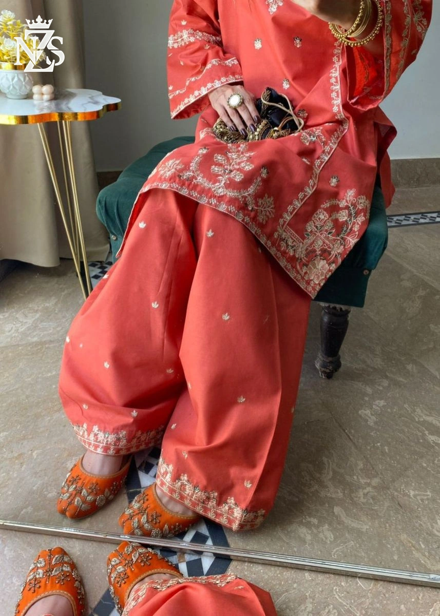 Wafa Embroidered Cambric 2-Piece Stitched Suit in Coral pink - image 3