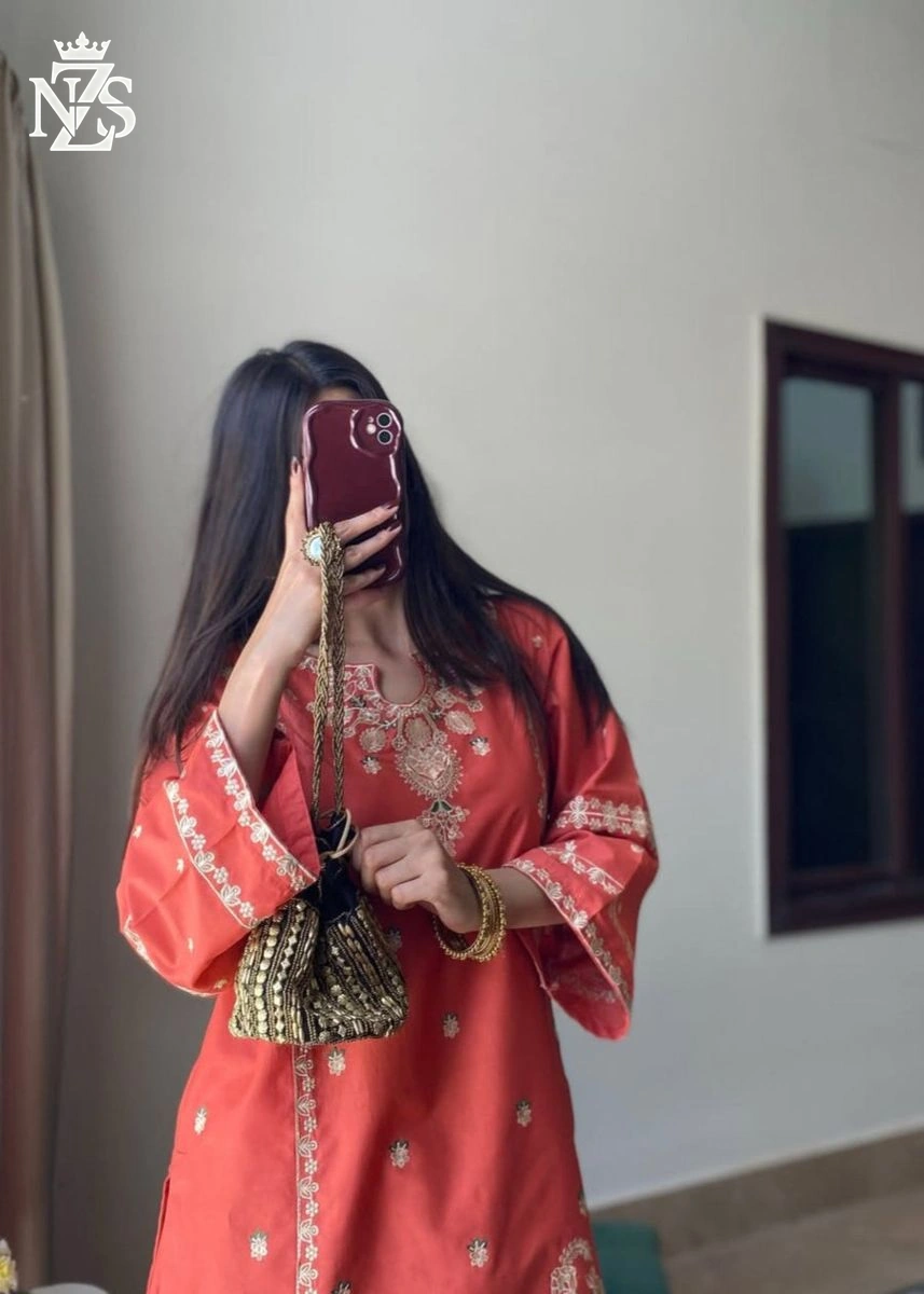 Wafa Embroidered Cambric 2-Piece Stitched Suit in Coral pink - image 4