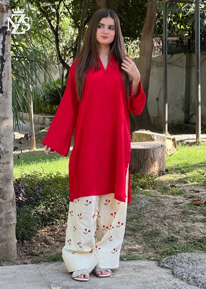 Yumna Embroidered Lawn 2-Piece Stitched Suit in Cherry red & ivory - image 1