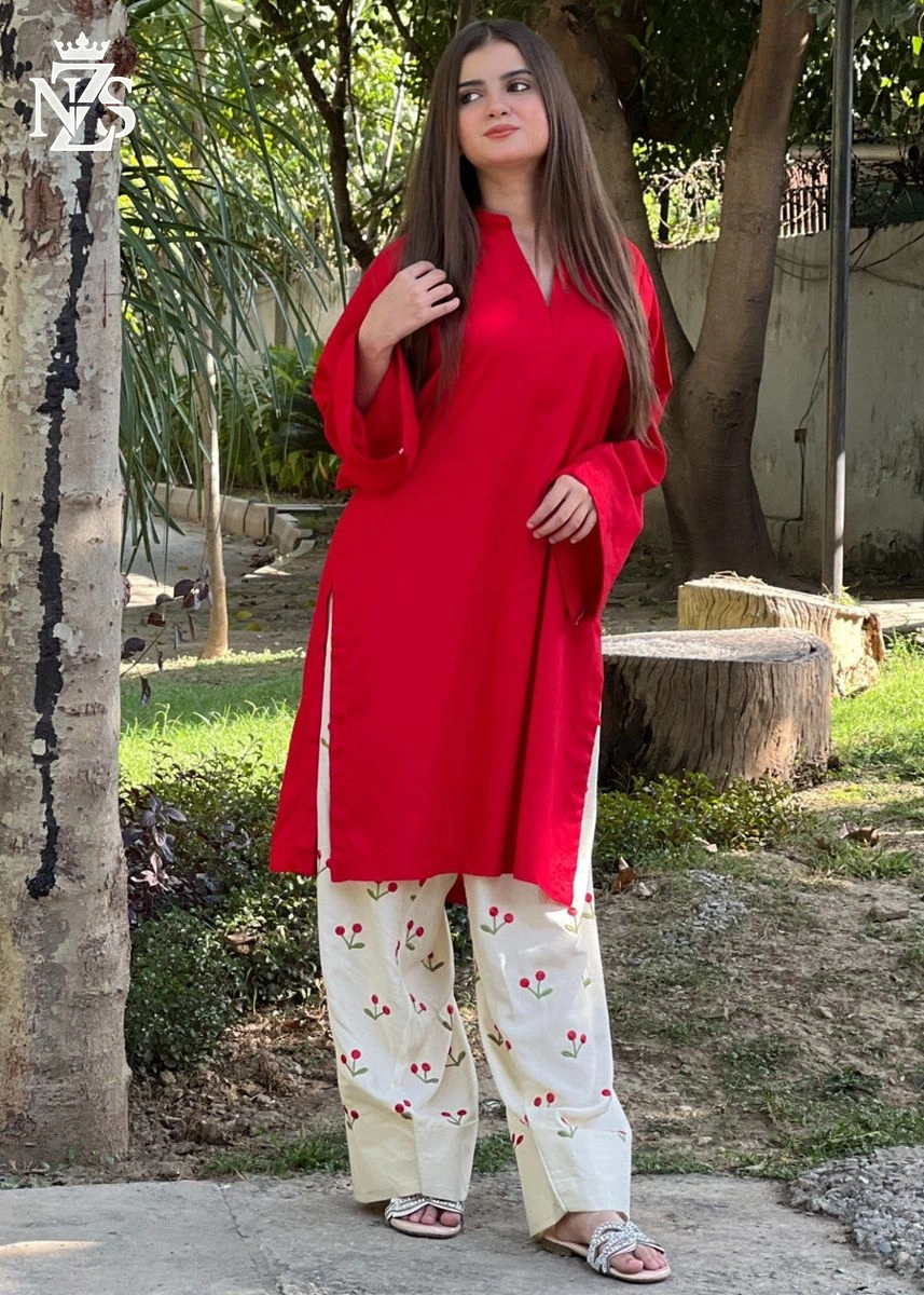 Yumna Embroidered Lawn 2-Piece Stitched Suit in Cherry red & ivory - image 2